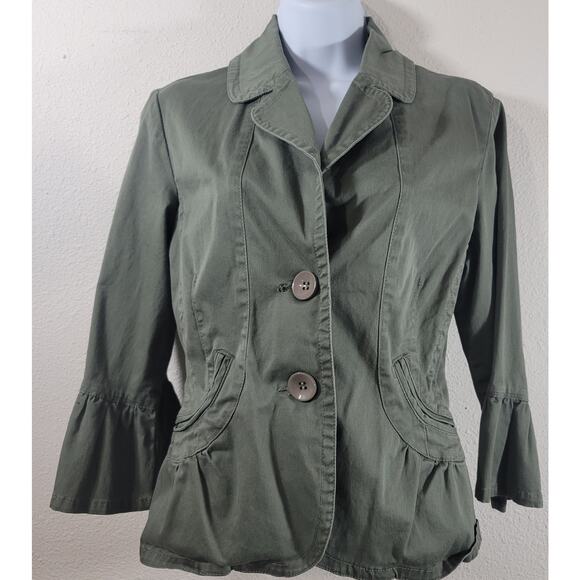 Live A Little Army Green 2 Button Ruffled Sleeves Blazer Small Lightweight Soft - Picture 1 of 5